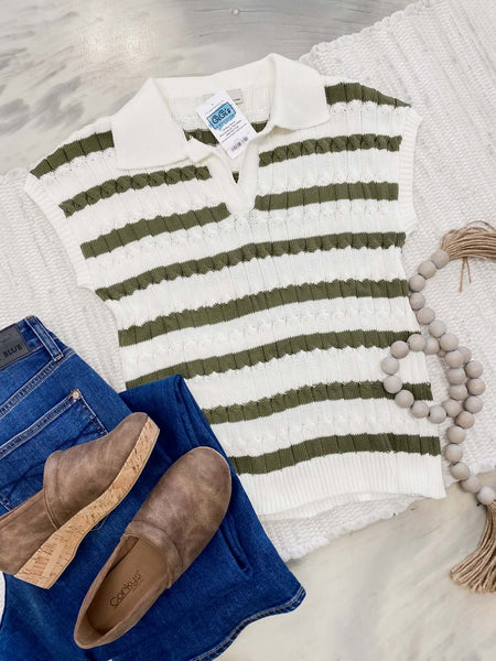 Ribbed Striped Collar Sweater in Olive