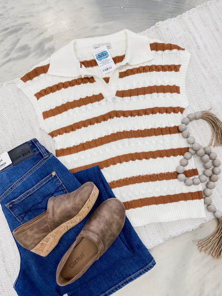 Ribbed Striped Collar Sweater in Deep Camel