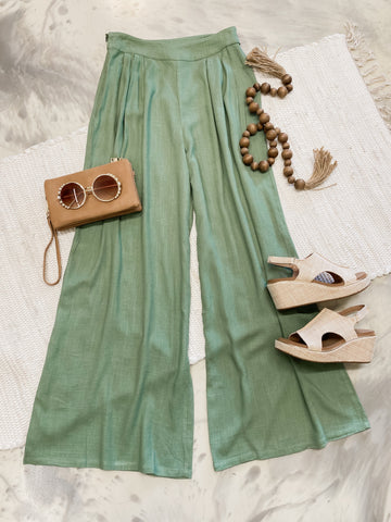 Pintuck Wide Leg Pants in Sage
