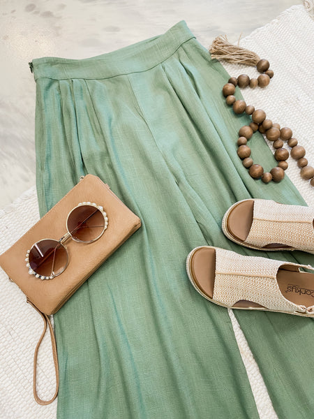 Pintuck Wide Leg Pants in Sage