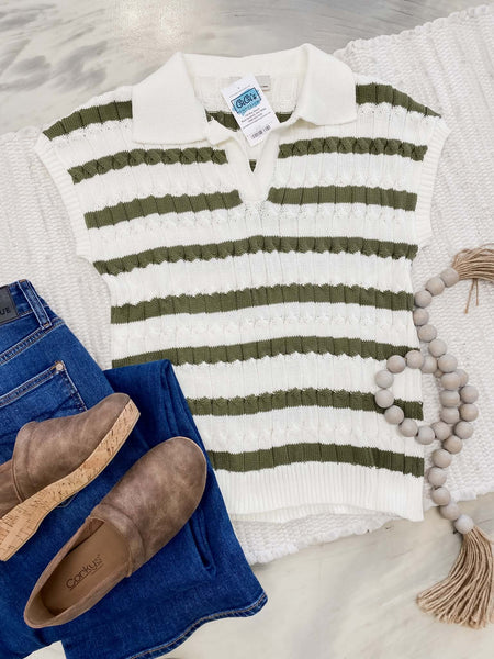 Ribbed Striped Collar Sweater in Olive
