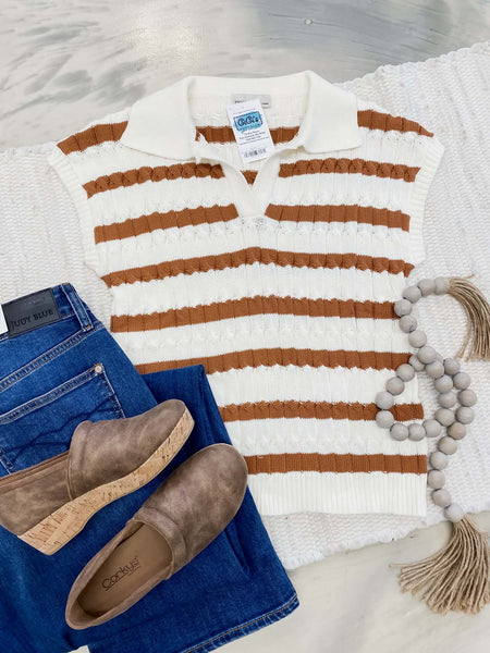 Ribbed Striped Collar Sweater in Deep Camel