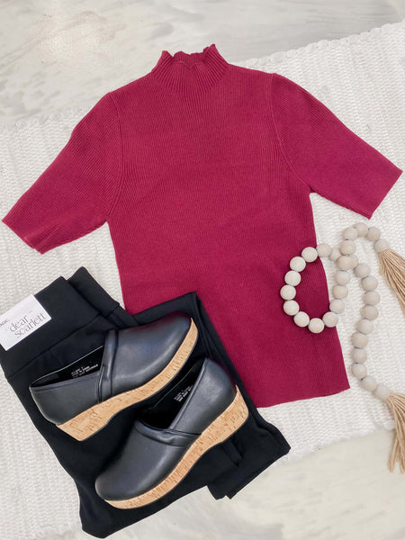 Mock Neck Basic Sweater in Burgundy