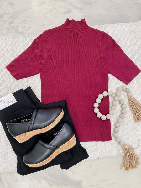 Mock Neck Basic Sweater in Burgundy