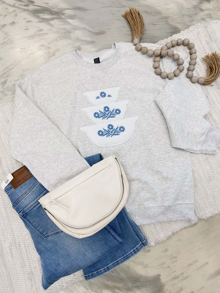 Hand-sewn Pyrex Bowl Sweatshirt White/Blue