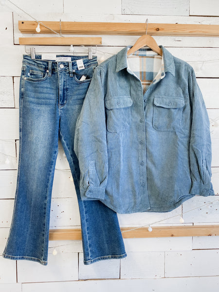 Reversible Corduroy Flannel Plaid Shacket in Blue Stone