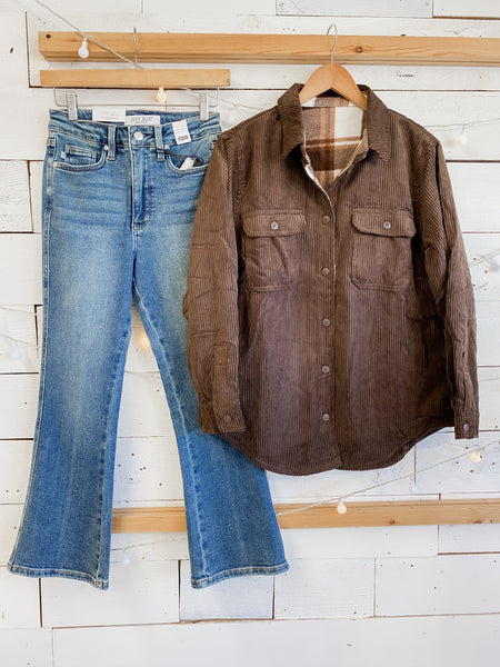 Reversible Corduroy Flannel Plaid Shacket in Brown