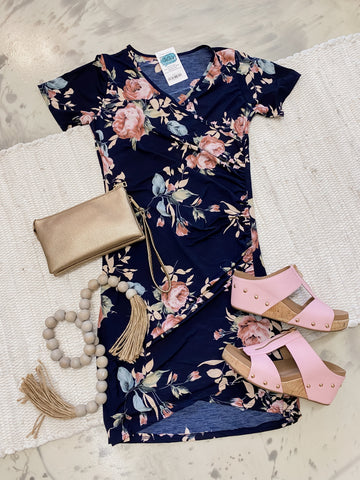 Navy Body Con Floral Dress