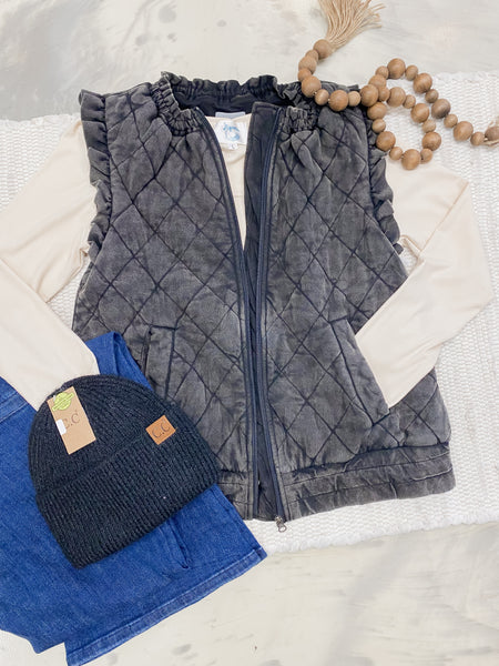 Quilted Ruffle Vest in Charcoal