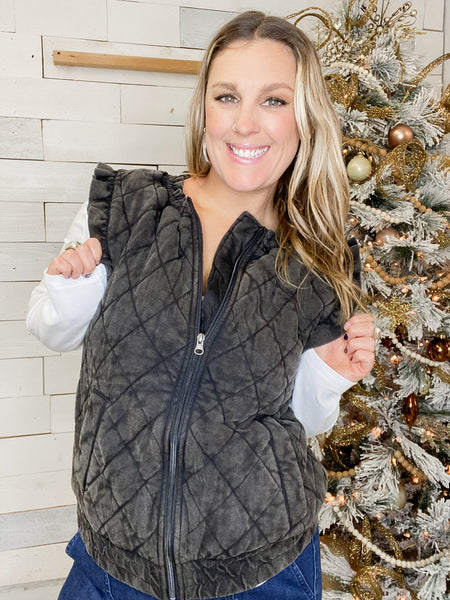 Quilted Ruffle Vest in Charcoal