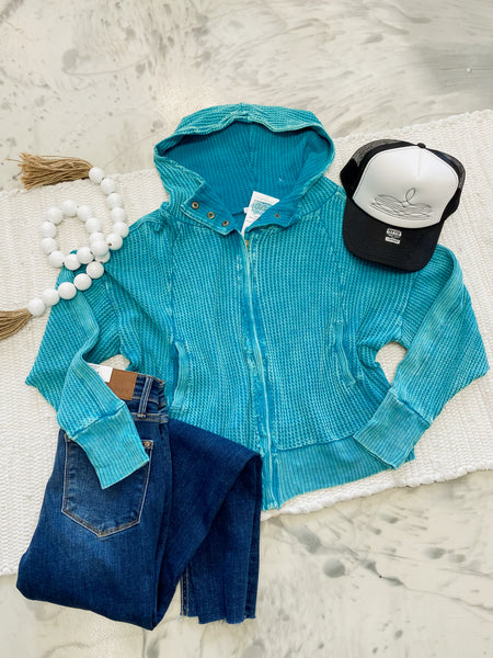 Waffle Mineral Washed Jacket in Lt Teal