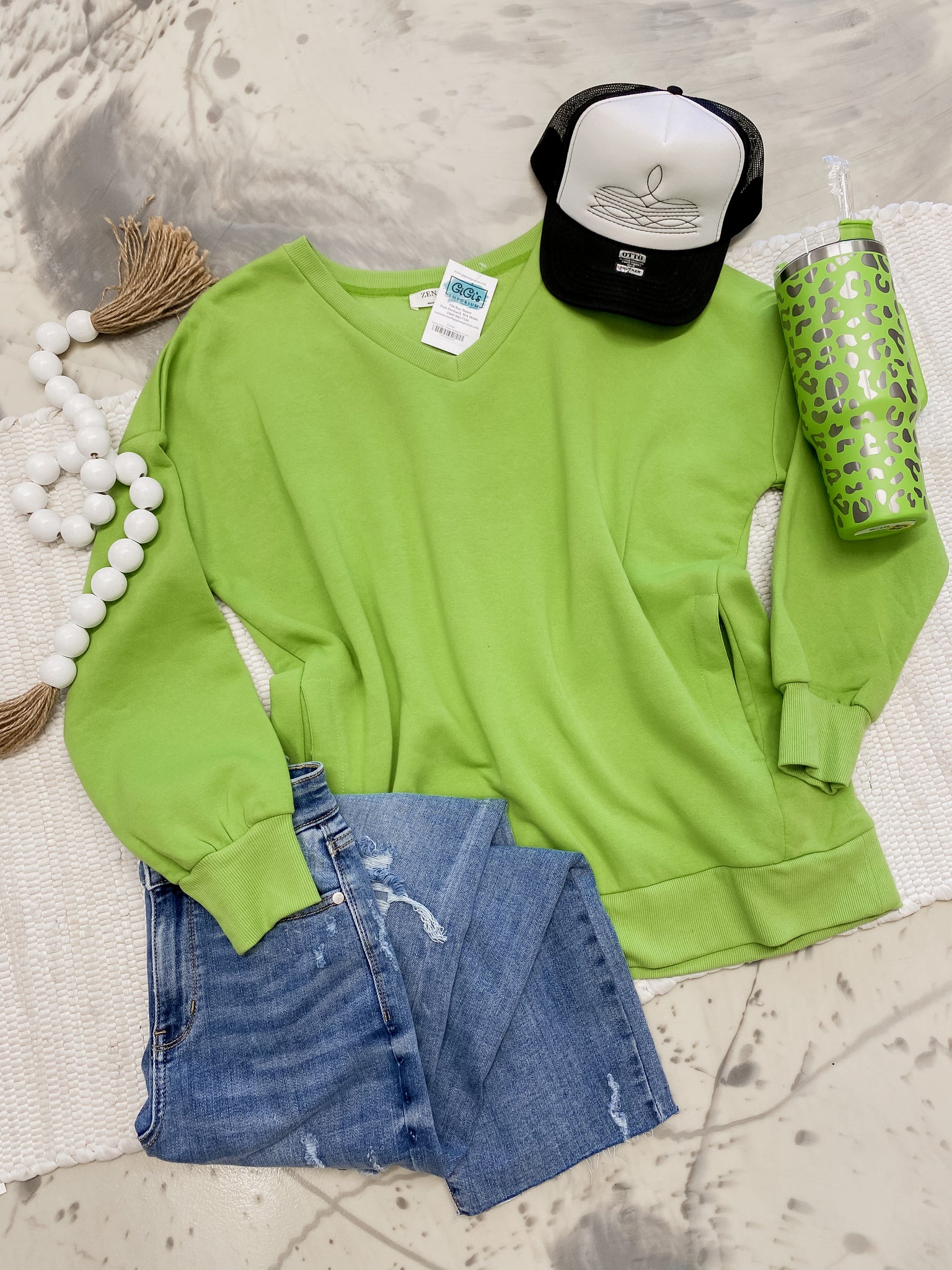 Zenana Green V-Neck Sweatshirt