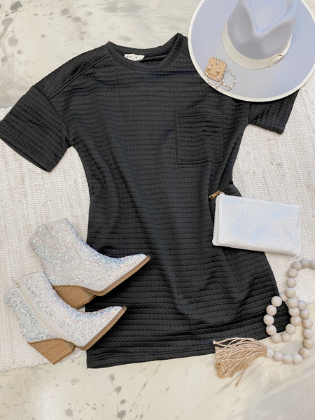 Black Out Friday Quilted Shift Dress in Black