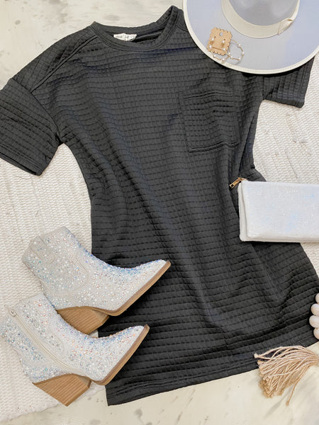 Black Out Friday Quilted Shift Dress in Black