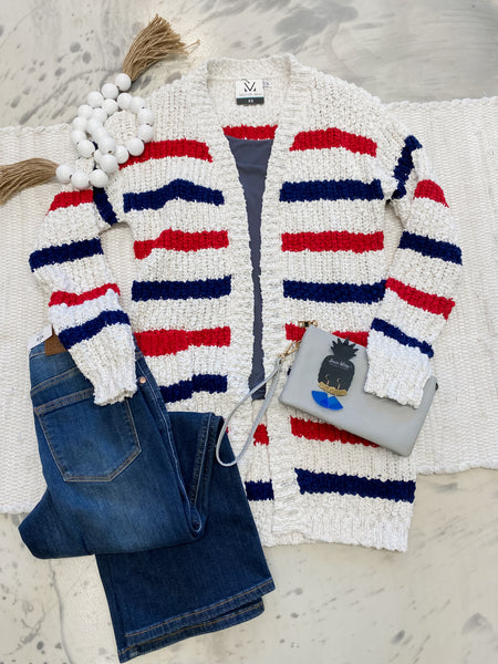 Michelle Mae Red, White & Blue Stripe Cardigan
