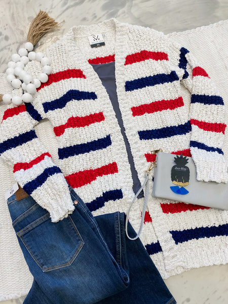 Michelle Mae Red, White & Blue Stripe Cardigan
