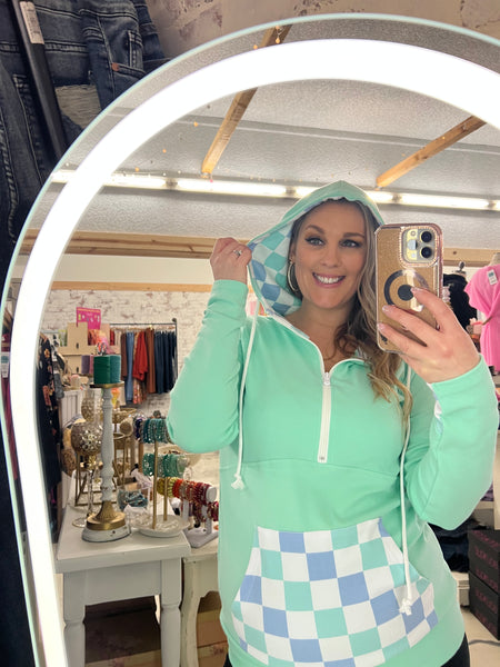 Michelle Mae Mint & Blue Checkered Half Zip