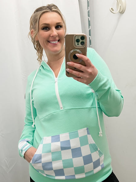 Michelle Mae Mint & Blue Checkered Half Zip