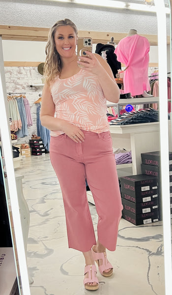 Judy Blue HW Garment Dyed Rose Raw Hem Crop Wide