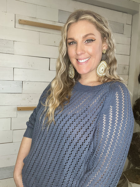 Loose Fit Long Sleeve Knit Sweater in Denim