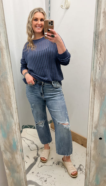 Loose Fit Long Sleeve Knit Sweater in Denim