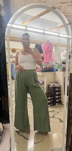 Pintuck Wide Leg Pants in Sage
