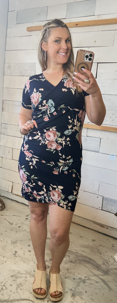 Navy Body Con Floral Dress