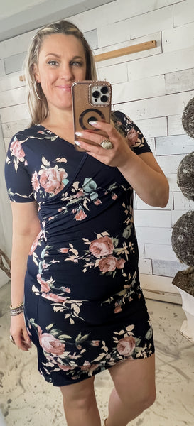 Navy Body Con Floral Dress