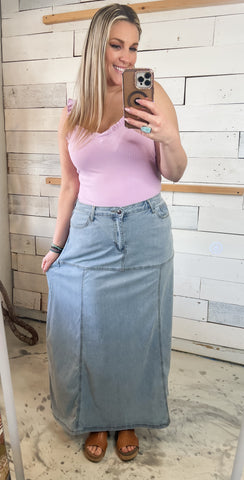 Washed Denim Maxi Skirt