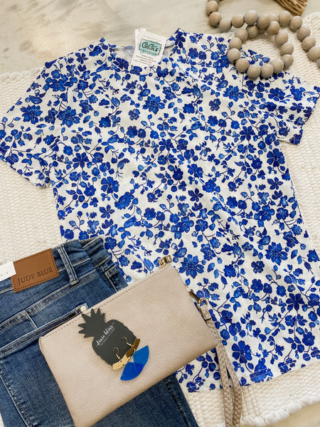 Blue Floral Mesh Top
