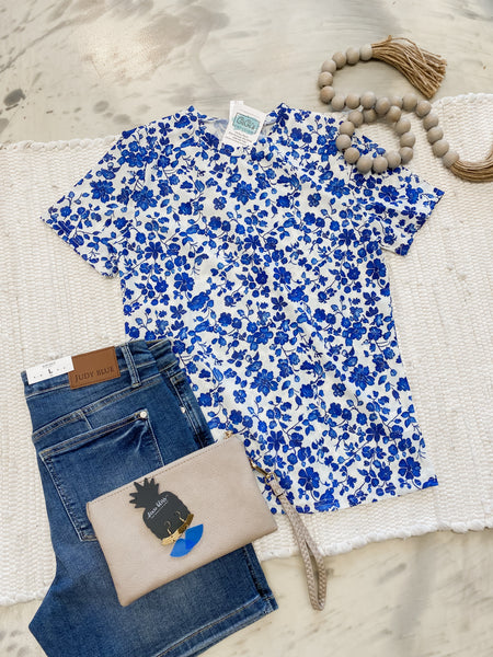 Blue Floral Mesh Top