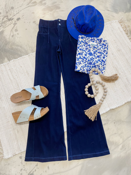 Stretch Denim Flared Pants
