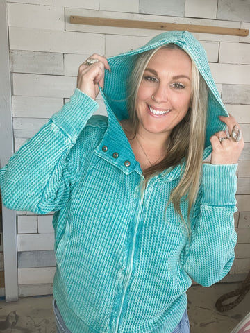 Waffle Mineral Washed Jacket in Lt Teal