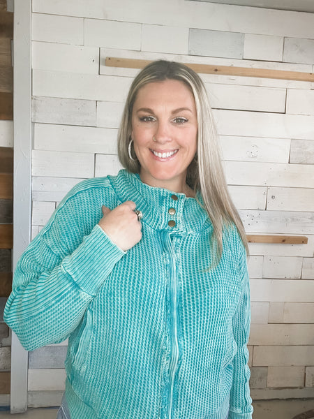 Waffle Mineral Washed Jacket in Lt Teal