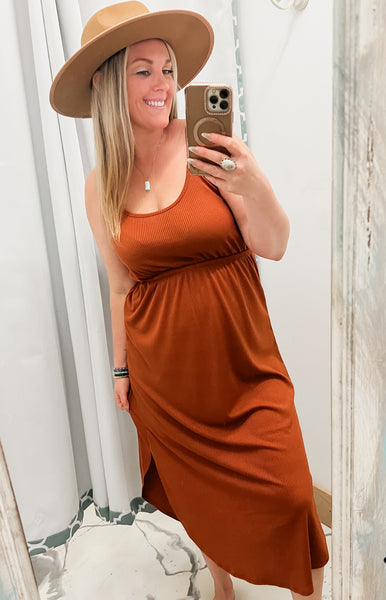 Black Out Friday Raegan Ribbed Midi Dress in Rust