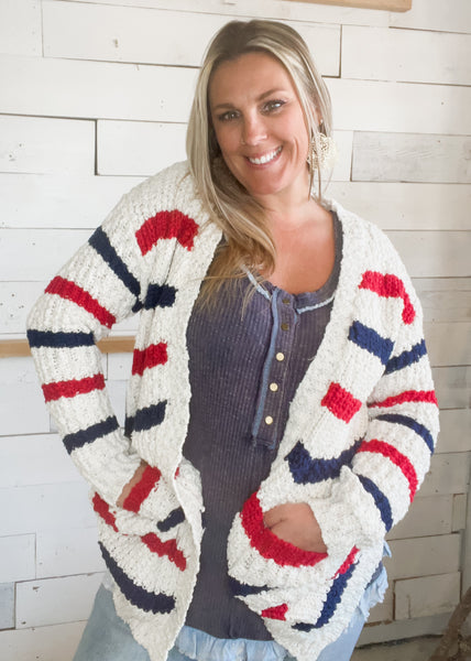 Michelle Mae Red, White & Blue Stripe Cardigan