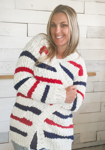 Michelle Mae Red, White & Blue Stripe Cardigan