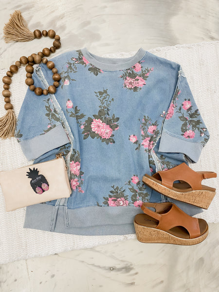 Flower Printed Denim Pullover