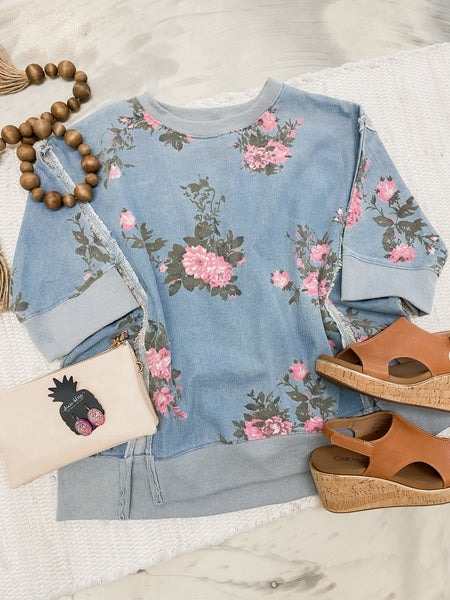 Flower Printed Denim Pullover