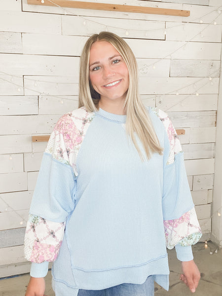 Blue Floral Patchwork Crew