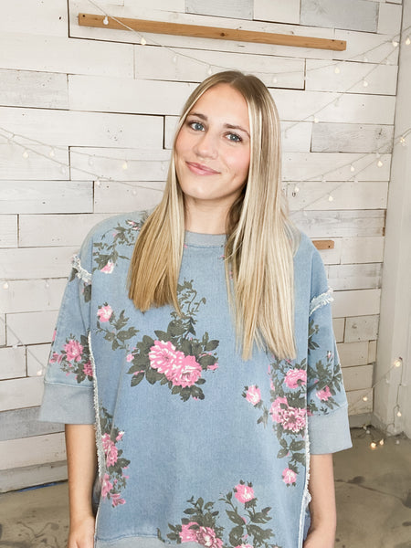 Flower Printed Denim Pullover