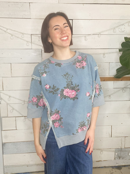 Flower Printed Denim Pullover