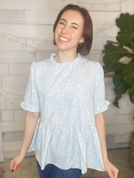 Mint Puff Sleeves Floral Flare Blouse
