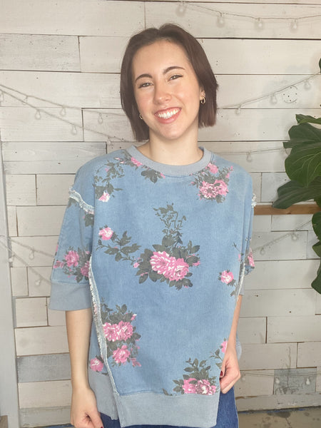 Flower Printed Denim Pullover