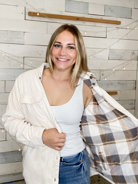Reversible Corduroy Flannel Plaid Shacket in Cream