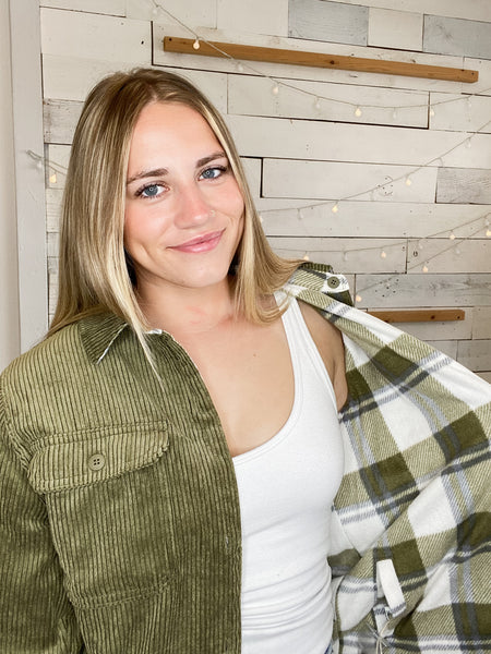 Reversible Corduroy Flannel Plaid Shacket in Olive