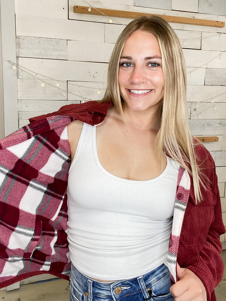 Reversible Corduroy Flannel Plaid Shacket in Burgundy