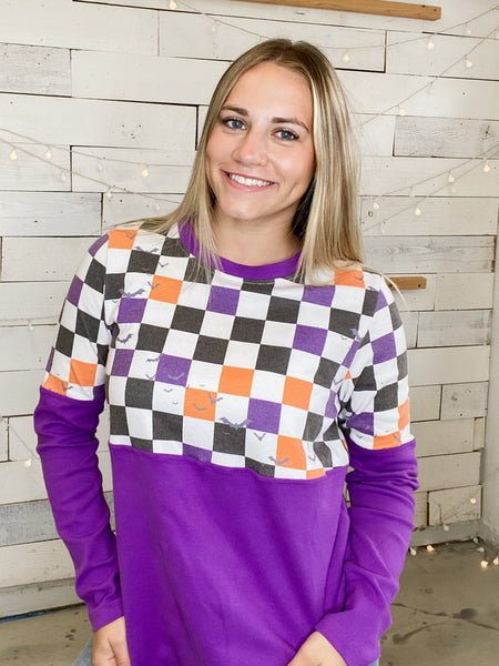 Michelle Mae Natalie Pullover Purple Checkered Bats