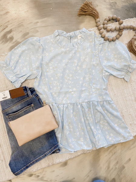 Mint Puff Sleeves Floral Flare Blouse