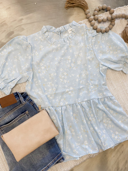Mint Puff Sleeves Floral Flare Blouse